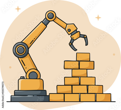 Industrial robotic arm assembling bricks in construction process vector illustration 