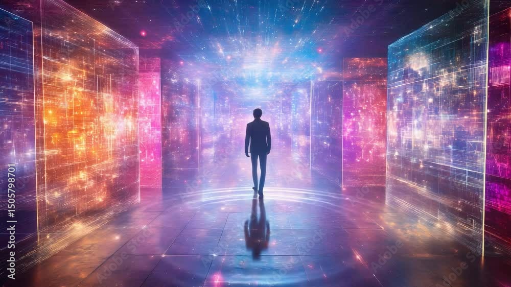 Man in a dark room surrounded by vibrant colorful lights creating a unique atmospheric scene Man in a dark room surrounded by vibrant colorful lights creating a unique atmospheric scene