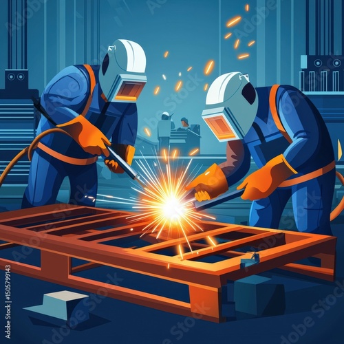 Repair and replacement safety concept with two workers welding metal frame sparks flying bright