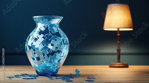 Repaired transparent glass vase assembled from puzzle pieces on wooden table with warm lamp light