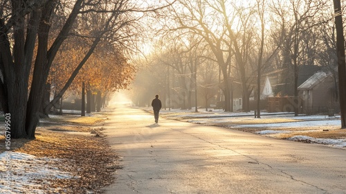 Person walking down a residential street at sunrise.