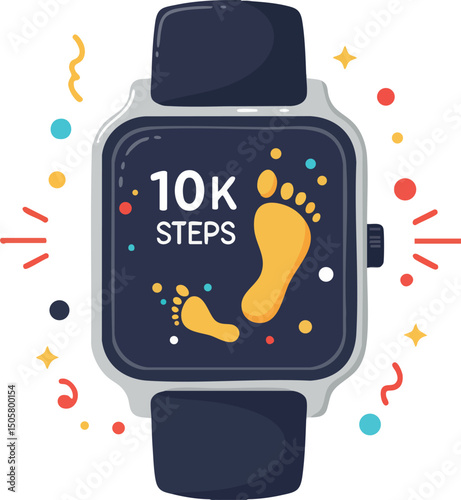 Fitness tracker smartwatch showing 10k steps with colorful confetti illustration 