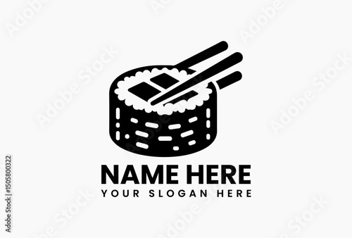 Modern black and white sushi roll vector logo with chopsticks isolated on light background  