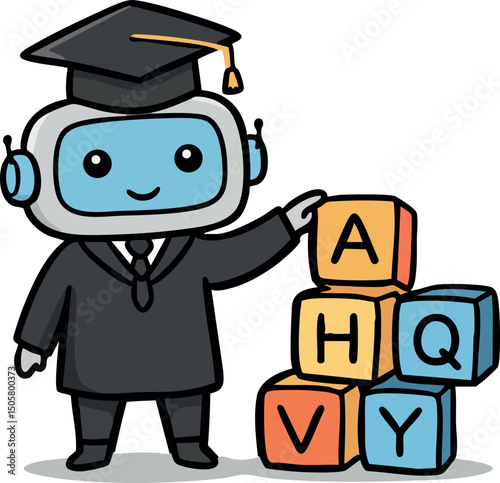 Robot character in graduation gown with alphabet blocks education concept vector illustration 