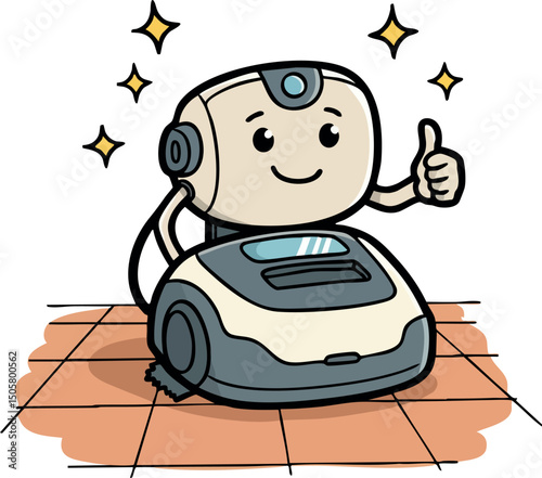 Cute Robot Vacuum Cleaner Showing Thumbs Up on Tiled Floor Vector Illustration 