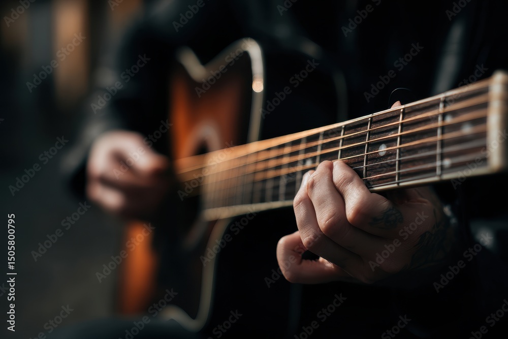 Obraz premium Close-up of a guitar in the hands of a musician. Copy space. MZ 