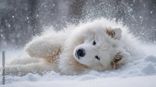 Playful White Dog in a Winter Wonderland photo
