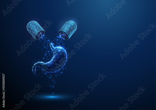 Opened blue medical drug capsule with falling particles on stomach. Healthcare medical pharmacy, gastric disease, therapy, digestive health concept.