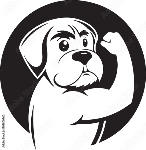 Front-facing cartoon dog flexing a muscular arm. Ideal for fitness pet brands, tough dog mascots, or humorous strong animal designs.