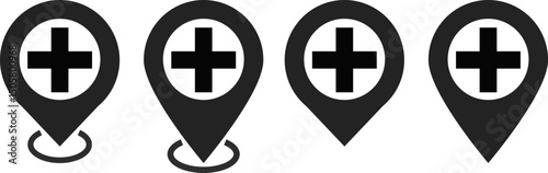 Hospital icon set. healthcare location concept. Emergency aid. health care map pointer. Health insurance. medical health care Clinic 