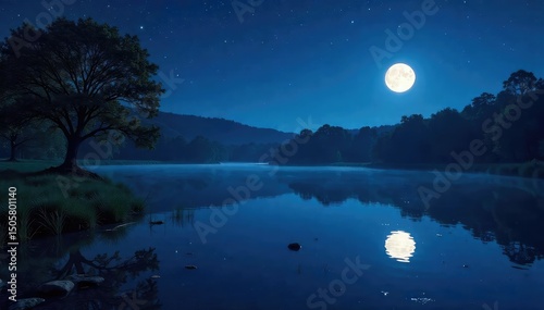 Serene night scene of a pond illuminated by soft, ambient lighting, reflecting stars and moon in the still water Tranquil, peaceful atmosphere , relaxing, pond, glowing
