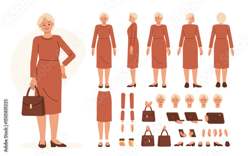 Casual middle aged woman wearing dress. Character constructor for animation. Front, side and back view set. Body parts, postures, poses collection. Vector illustration.