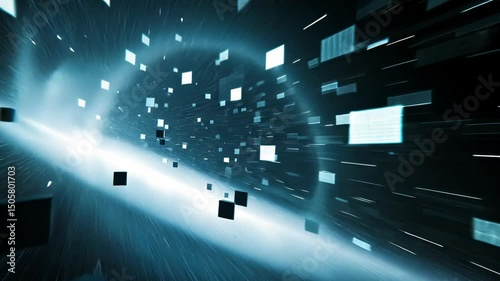Abstract digital tunnel with glowing cubes speeding through dark space