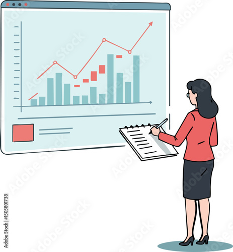 Businesswoman analyzing financial data with charts and clipboard in office setting vector illustration 