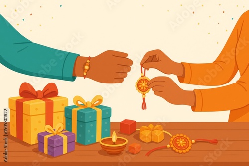 Cute cartoon sister reaches for brother hand, Raksha Bandhan copyspace