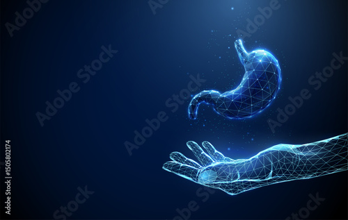 Abstract giving hand with human stomach. Healthcare medical support and protection concept. Low poly futuristic technology digital neon style.