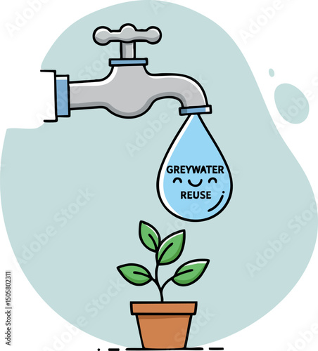 Greywater reuse water conservation concept with faucet and plant illustration vector 