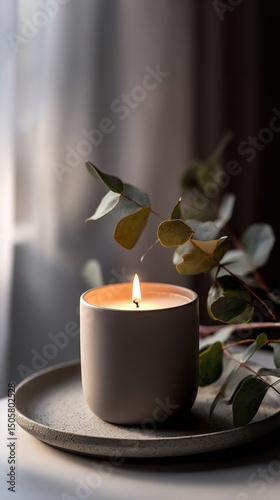 Minimalist scented candle on stone tray with eucalyptus leaves, soft diffused lighting, calming self-care aesthetic