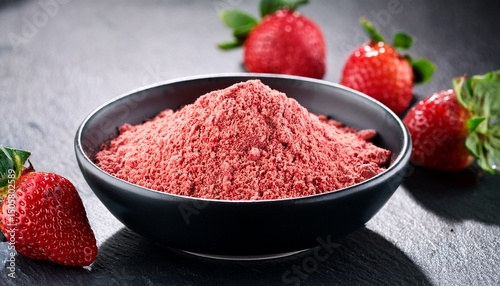 freeze dried strawberry powder in black bowl next to fresh berries close up