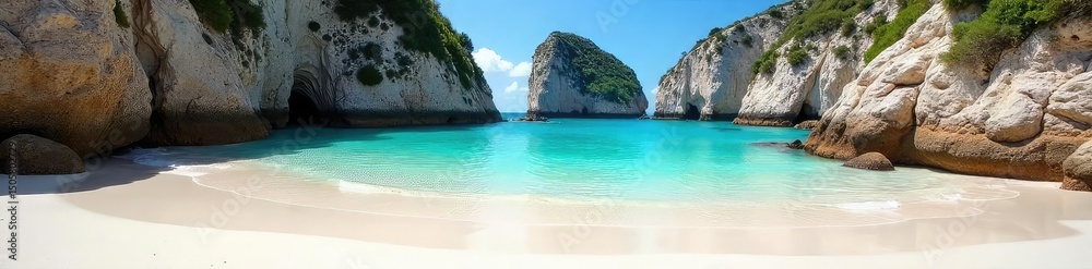 Secluded cove with pristine white sand, turquoise water lapping gently at shore, dramatic cliffs in background Perfect for relaxation and escape , coast, getaway, tropical Secluded cove with pristine white sand, turquoise water lapping gently at shore, dramatic cliffs in background Perfect for relaxation and escape , coast, getaway, tropical