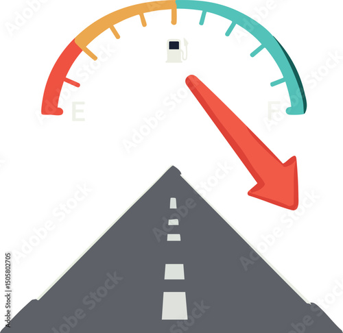 Fuel Gauge with Road Vector Illustration Showing Low Fuel Level and Direction 