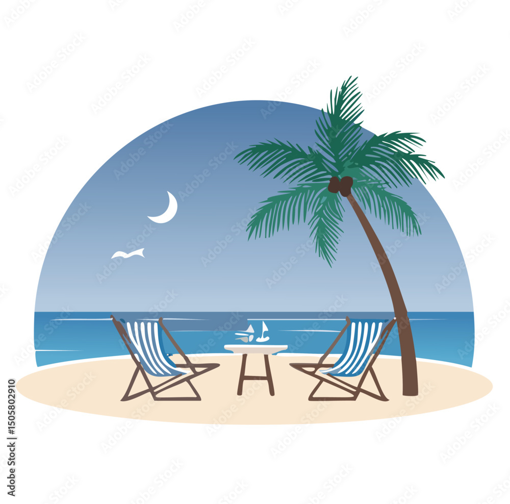 Obraz premium Romantic beach sunset palm trees chairs table