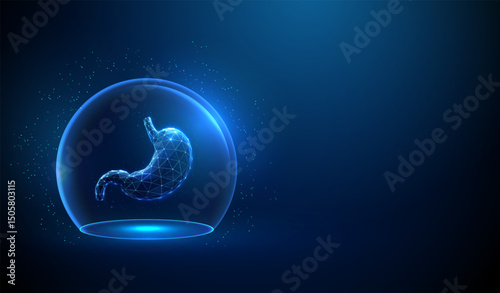 Abstract blue human stomach inside a transparent glass dome. Neon sphere shield. Medical healthcare protection