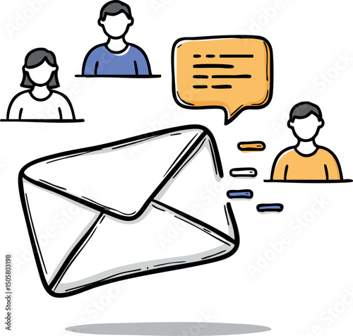 Envelope with speech bubble and people icons representing communication and messaging concept vector 