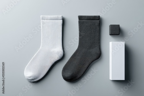 Pair of white and black socks with packaging mockup