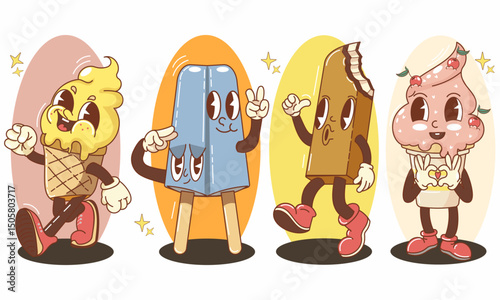 Set of cartoon colored ice cream. Sweets different types of ice cream cones and popsicles. Groovy doodle retro 90s illustration dessert, summer and sweet treat concept