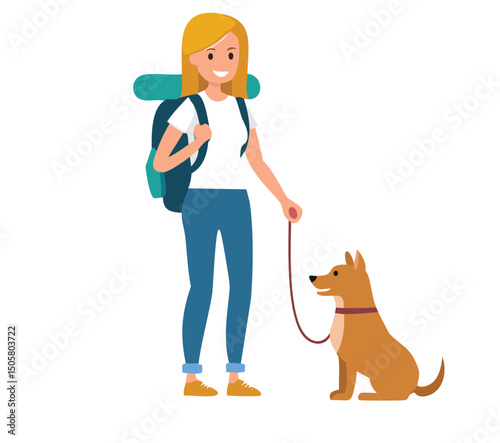 Woman hiking with backpack and dog on leash