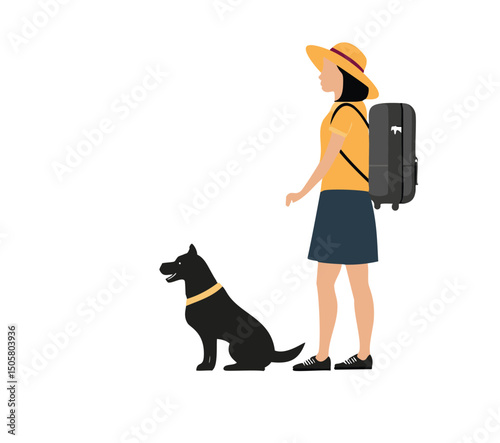 Woman traveler with dog and luggage summer vacation