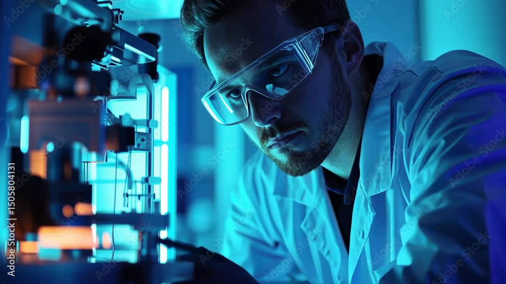 Scientist in laboratory analyzing data under blue light with focus on advanced research techniques
