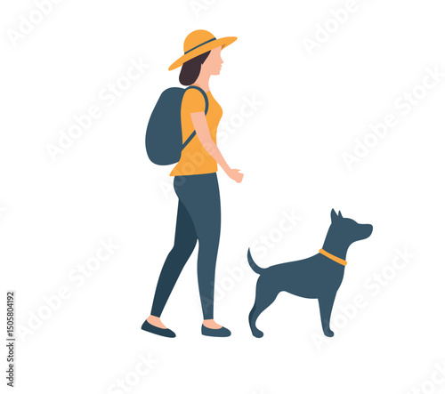 Woman walking dog outdoors summer travel backpack