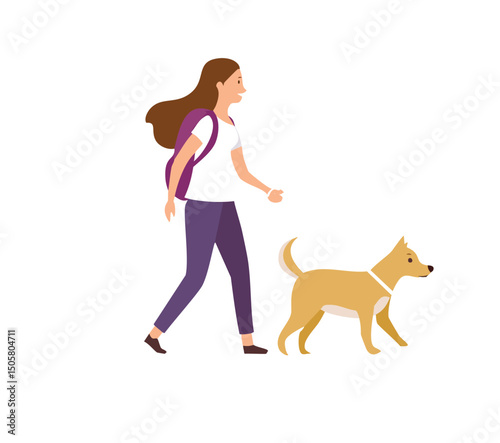 Young woman walking dog outdoors happy day