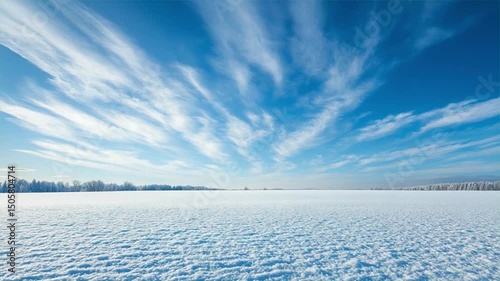Animation video Blue sky over a peaceful winter landscape with snow-covered trees.