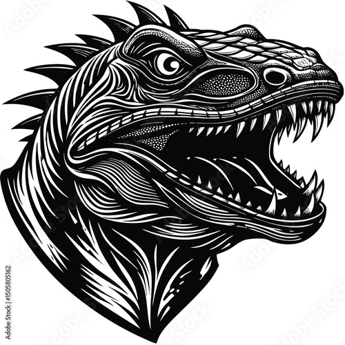 Aggressive dinosaur head, detailed and stylized