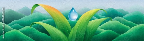 Refreshing water droplet on lush green grass nature scene watercolor illustration calm environment close-up view