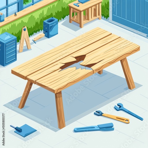 Wooden table with large cracked surface surrounded by blue and green tools in outdoor workshop