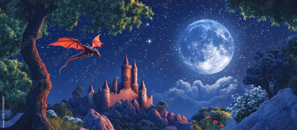 Fototapeta premium Dragon flying over a castle at night under a full moon.