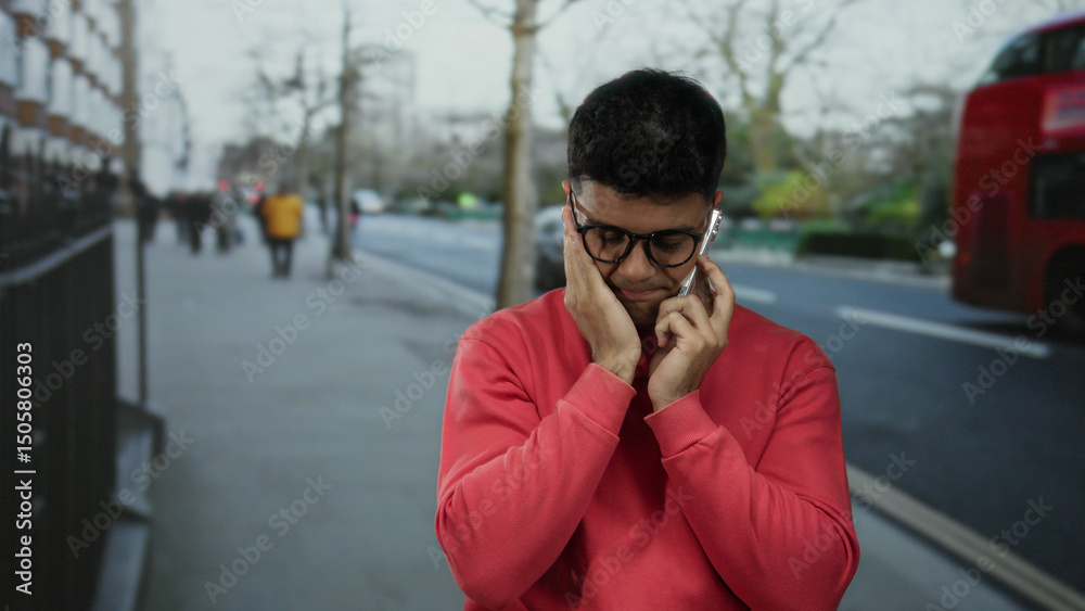 Fototapeta premium Young man in red sweater talking on phone in a city street with red double-decker buses in the background