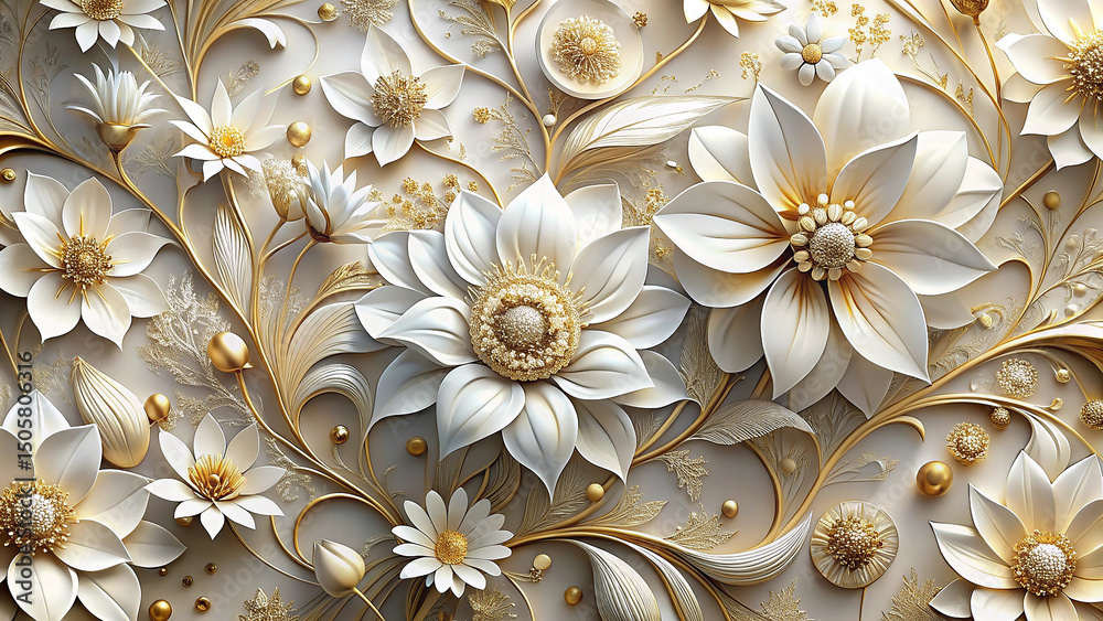 Elegant 3d white gold floral design wallpaper background Elegant 3d white gold floral design wallpaper background