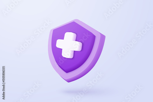 3d purple plus sign icon on the white background. Cartoon icon of first aid and health care with minimal style. Medical symbol of emergency help. 3d aid vector render illustration
