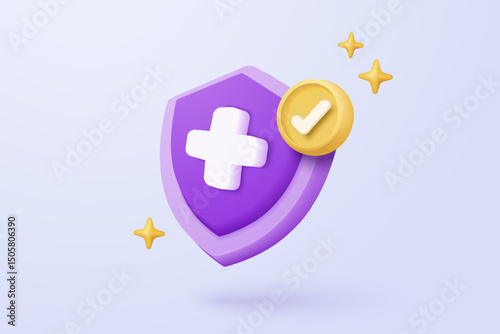 3d purple plus sign icon on the white background. Cartoon icon of first aid and health care with minimal style. Medical symbol of emergency help. 3d aid vector render illustration