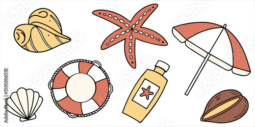 Beach and summer themed collection with seashells, starfish, umbrella, sunscreen, lifesaver, and coconut