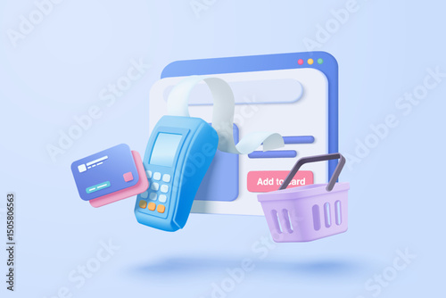 3d shopping bag for online shopping and credit card secure concept. Basket icon with shadows on blue sky background. Shopping bag for buy, sale, discount, promotion. 3d vector icon illustration