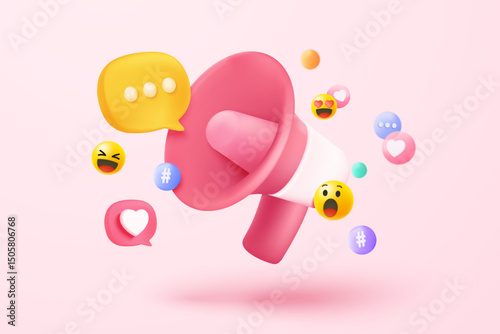 3d megaphone speaker or loudspeaker bullhorn for announce promotion in background, megaphone loud hailer with microphone, speakerphone 3d icon vector render illustration for alert and announcement