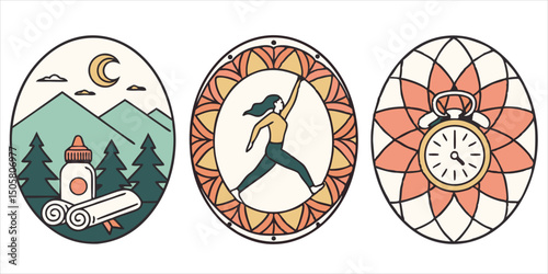 Outdoor fitness and wellness badges featuring nature, climbing, and timer