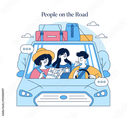 People On The Road. Flat Vector Illustration