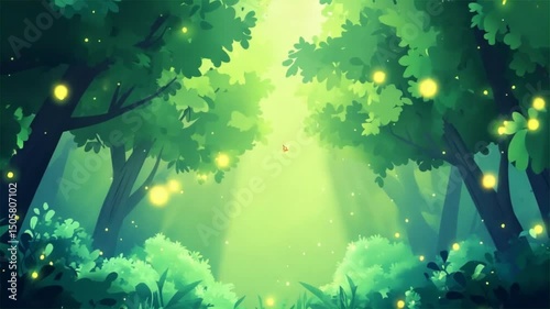 Animation video Sun rays illuminate the green forest through trees and leaves, creating a vibrant spring landscape design.